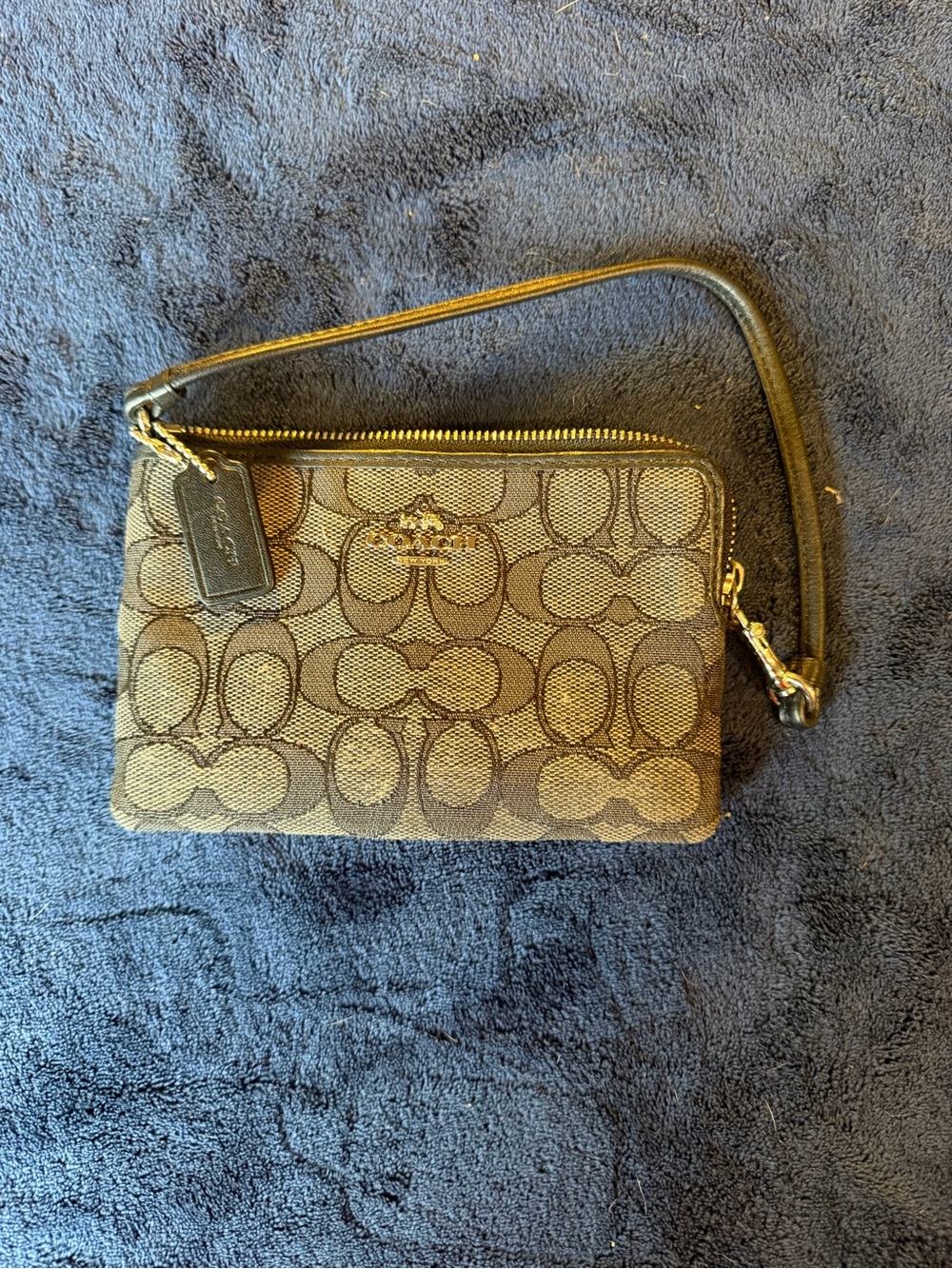Coach Brown Signature Canvas Wristlet with Gold Hardware